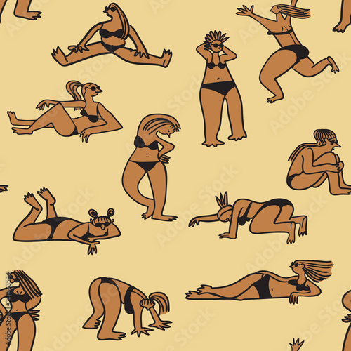 Background with cute beach girls. Seamless pattern with doodle woman character sunbathing