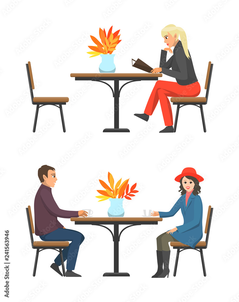 Fototapeta premium Cafe Table and Customers Drinking Tea Set Vector