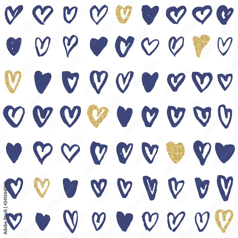Hand drawn hearts on a white background. Golden glitter hearts. Valentine's day vector set. Seamless background. Hand drawn hearts on a white background. Golden glitter hearts. Valentine's day vector set. Seamless background.