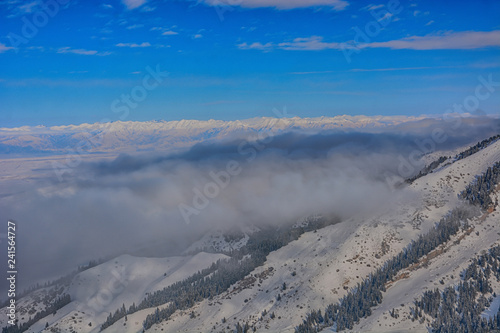 Wallpaper Mural Scenic alpine landscape with fog . under mountains, forest and blue sky. National park of Kyrgyzstan. Nice view. Torontodigital.ca