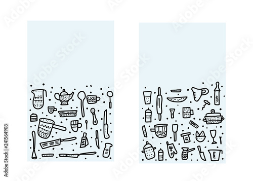 Set of vector kitchen equipments in doodle style.