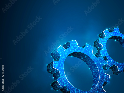 Gears. Industry development, engine work, business solution concept. Mechanical technology machine engineering symbol. Vector low poly polygonal wireframe two 3d gears illustration on blue background