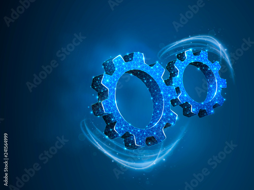 Spinning Gears. Industry development, engine work, business solution concept. Machine engineering technology symbol. Vector low poly polygonal wireframe two 3d gears illustration on blue background