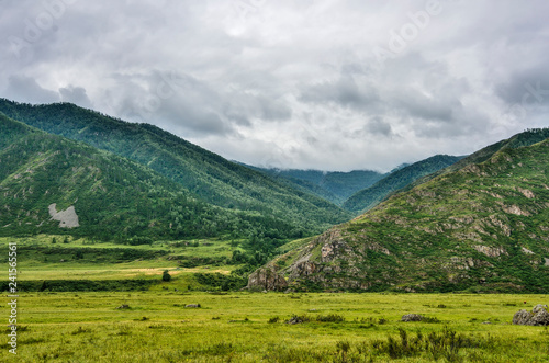 Picturesque gloomy cloudy summer landscape of mountain valley with green grass and bushes covered and with scattered boulders in the Altai Mountains, Russia. 