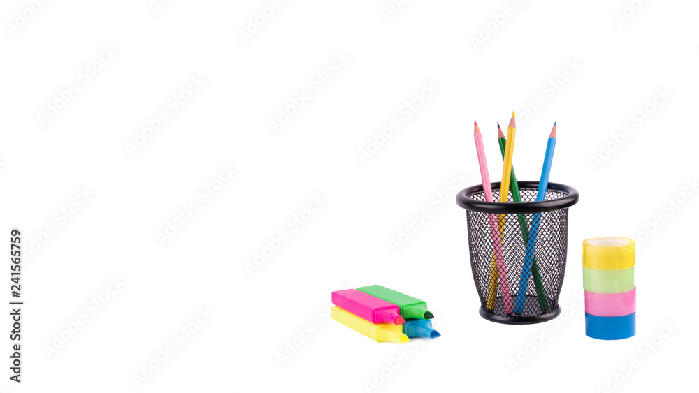 Fototapeta premium markers and other colorful office stationery closeup on white