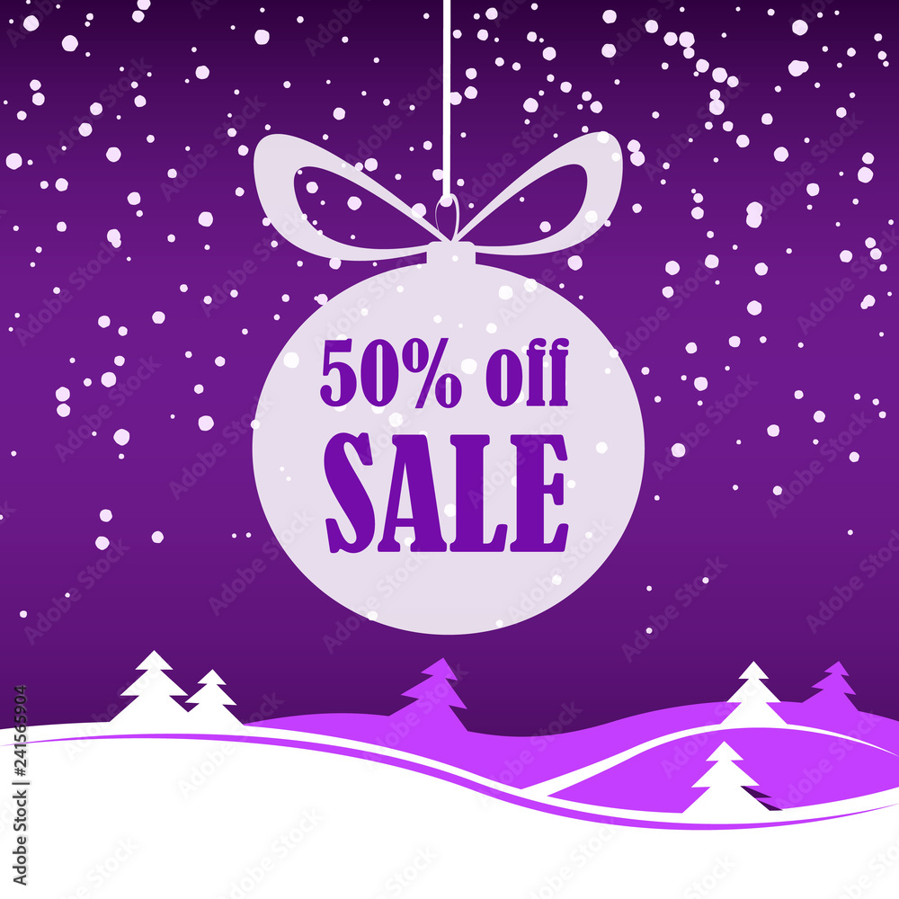 Christmas banner sale 50 percent, purple color. Christmas banner sale 50 percent, purple color.