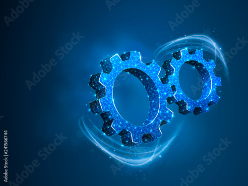 Spinning Gears. Industry development, engine work, business solution concept. Machine engineering technology symbol. Raster low poly polygonal wireframe two 3d gears illustration on blue background
