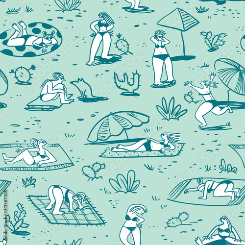 Background with summer  beach girls. Seamless pattern with doodle cute woman character sunbathing