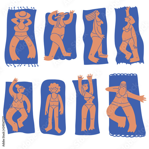 Set with summer beach girls. Doodle cute woman character sunbathing in different poses.
