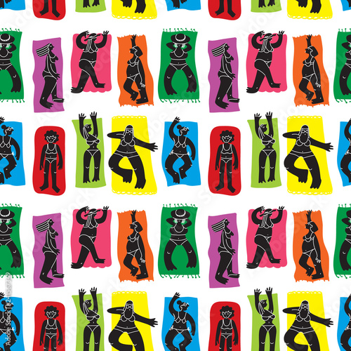 Background with summer beach girls. Seamless pattern with cute doodle woman character sunbathing