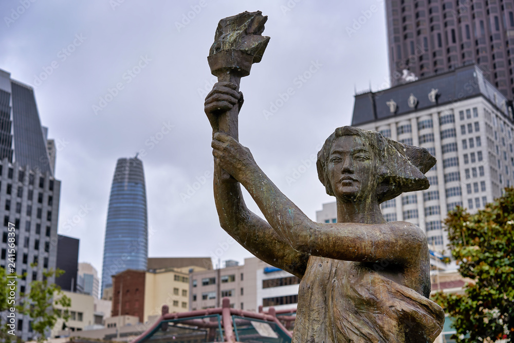 SAN FRANCISCO, CALIFORNIA, USA - MAY 14, 2018 - City statue of a woman with a torch