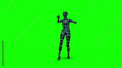 Looping animated 3D dancing robotic cyborg futuristc female doing a dance on a chroma key green screen background.
