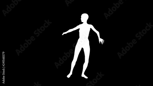 Looping animated 3D dancing female on a masked black background.
