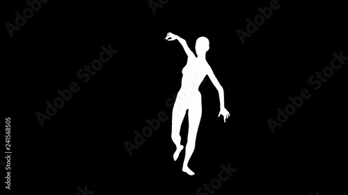 Looping animated 3D dancing female on a masked black background.