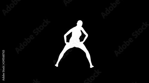 Looping animated 3D dancing female on a masked black background.