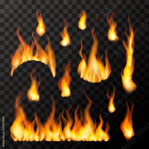 Set of bright different fire flames on transparent