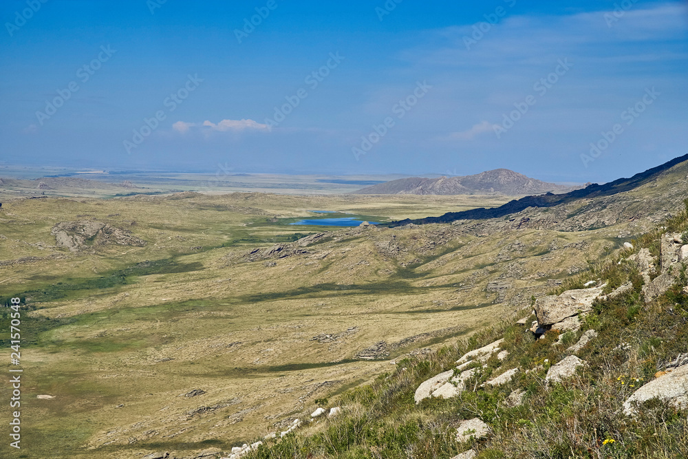 Beautiful panoramic summer steppe landscape of stone mountains 