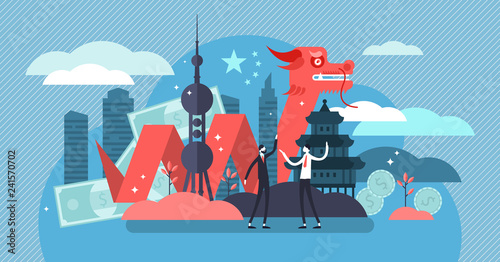 China economic growth and culture concept, flat tiny persons vector illustration