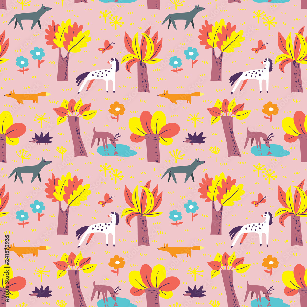 Seamless pattern with forest inhabitants. Background with wild animals and tree