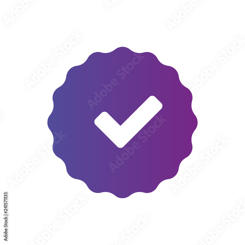 Purple approved badge sticker with checkmark, vector illustration isolated on white background. clean design.