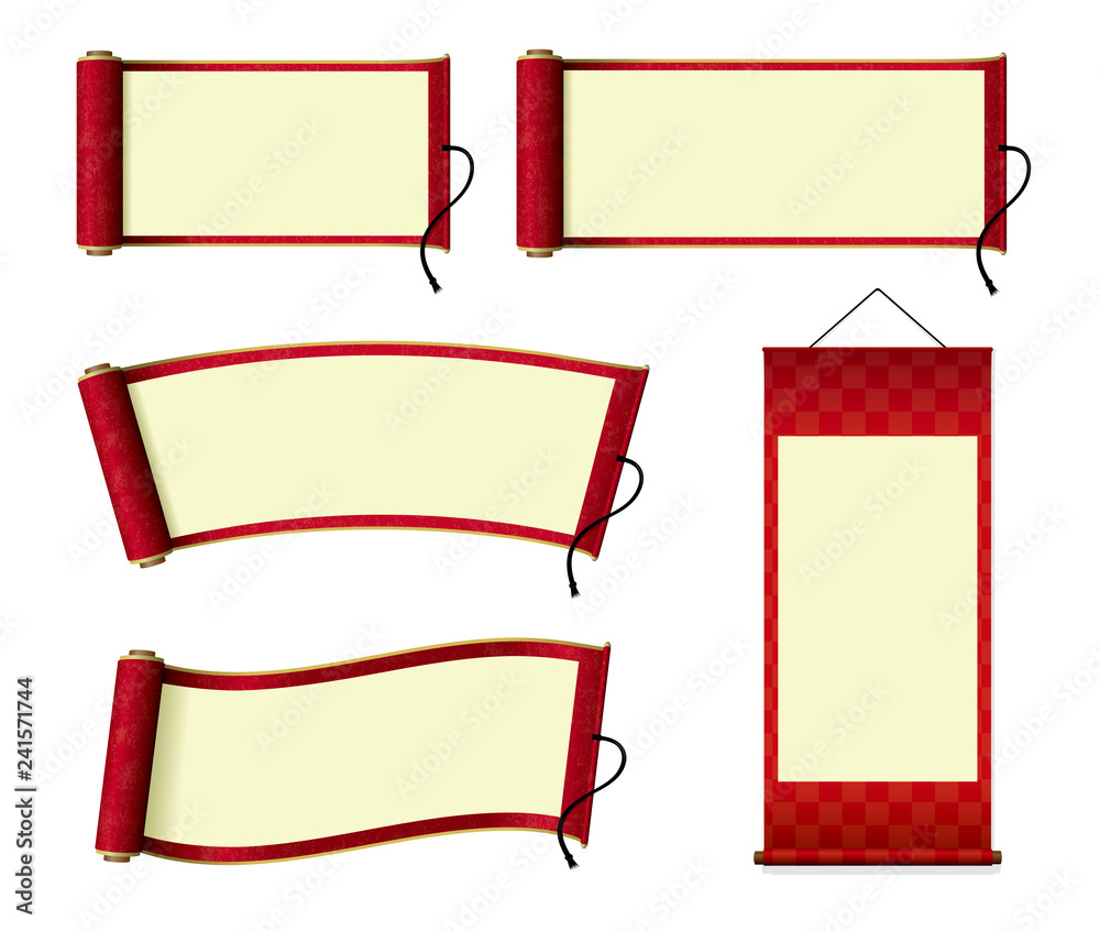 Japanese scroll paper / hanging scroll illustration set (red)  - obrazy, fototapety, plakaty 