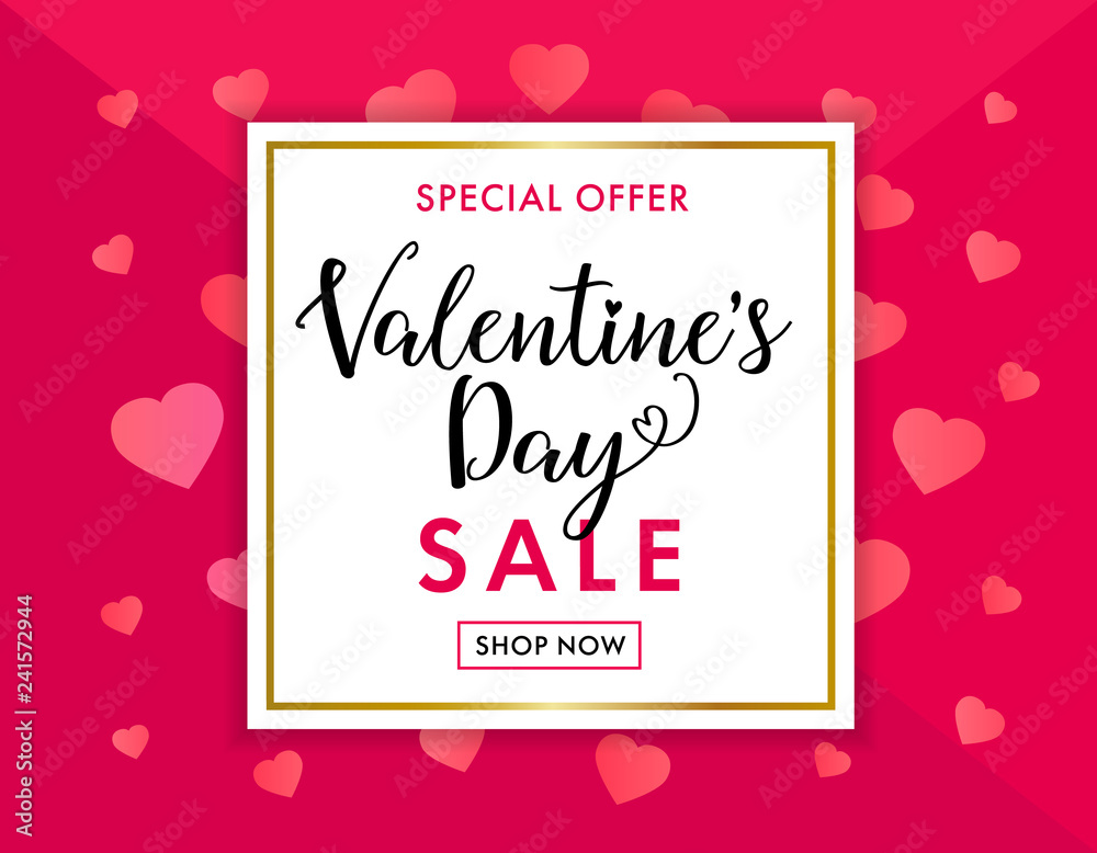 Valentines day sale background with pink hearts shaped. Special offer for valentine`s day banner, wallpaper, flyers, invitation, posters, brochures. Vector illustration 