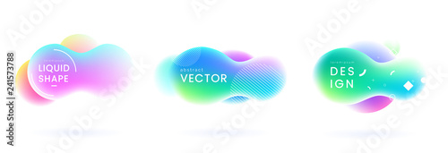 Set of colorful liquid badges. Abstract fluid shapes with gradient colors. Holographic clouds isolated on white background. Trendy design elements for text decoration. Vector eps 10.
