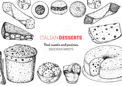 Italian dessert vector illustration. Italian sweet hand drawn sketch. Baking collection. Vintage design template. Cannoli, panforte, panettone, struffoli, ciambellone, amaretti, bombolone, affogato.