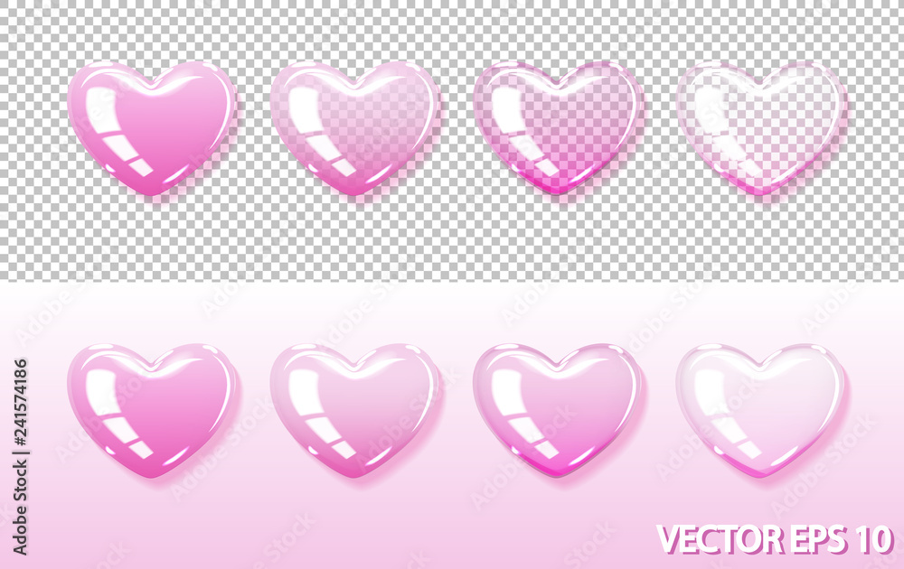 Set of pink hearts: transparent and not transparent. Element of decor for Saint Valentine's day. Vector EPS 10.