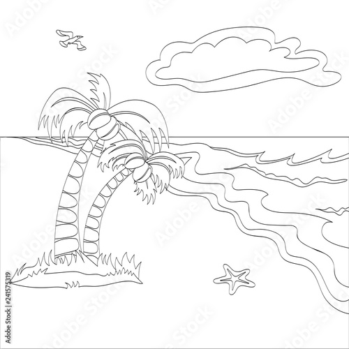 Vector outlined illustration of a tropical beach scene. Can use for coloring book.