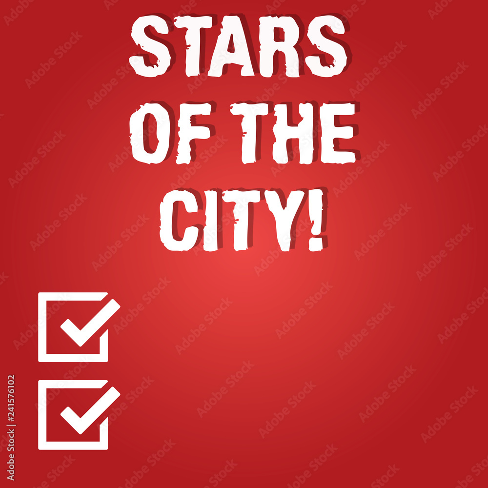 Fototapeta premium Word writing text Stars Of The City. Business concept for Sparkling night in the cities brilliant illuminated Blank Color Rectangular Shape with Round Light Beam Glowing in Center
