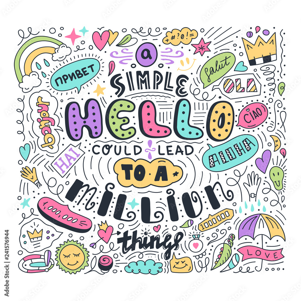 Lettering simple hello in different language doodle quote in sketch style. Hand draw beautiful phrase. Motivation concept.