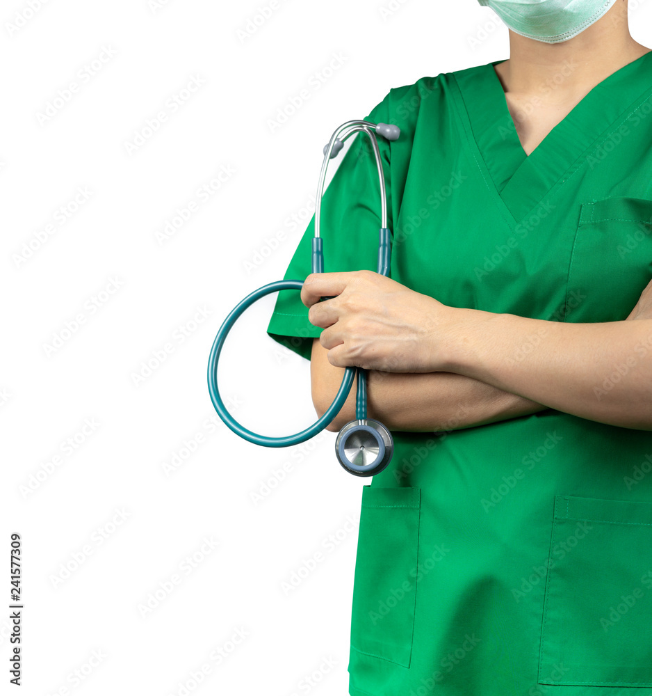 Surgeon doctor wear green scrubs shirt uniform and green face mask. Physician hand holding stethoscope. Healthcare professional. Surgeon doctor stand with confidence. Patient trust concept. Surgeon doctor wear green scrubs shirt uniform and green face mask. Physician hand holding stethoscope. Healthcare professional. Surgeon doctor stand with confidence. Patient trust concept.