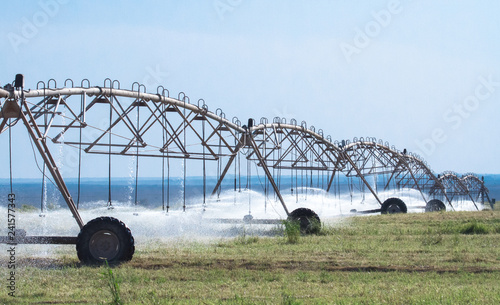 Pivot irrigation system at farmland in the Arabian Desert.