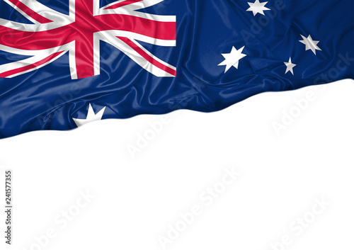 National flag of Australia hoisted outdoors with white background. Australia Day Celebration