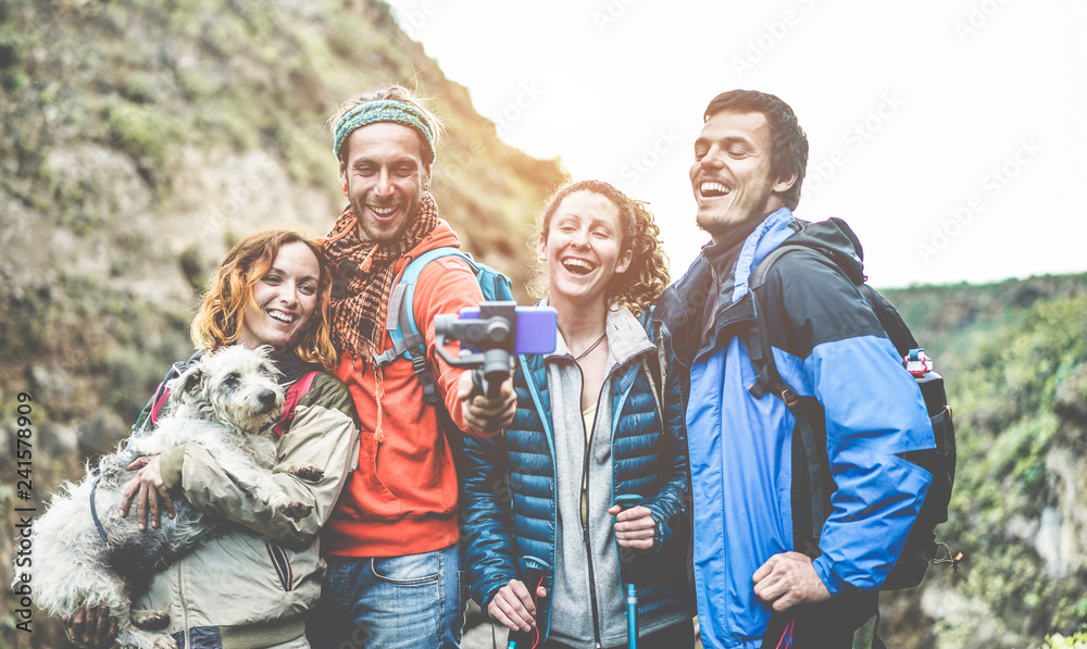 Happy trekkers people making video vlog for social network story with gimbal phone Happy trekkers people making video vlog for social network story with gimbal phone