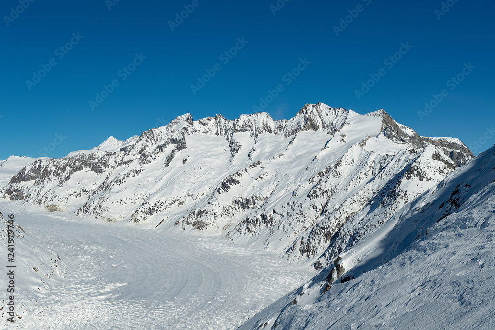 Sicht auf den Aletschgletscher im Winter, Sicht vom Bettmerhorn, Goms, Wallis, Schweiz