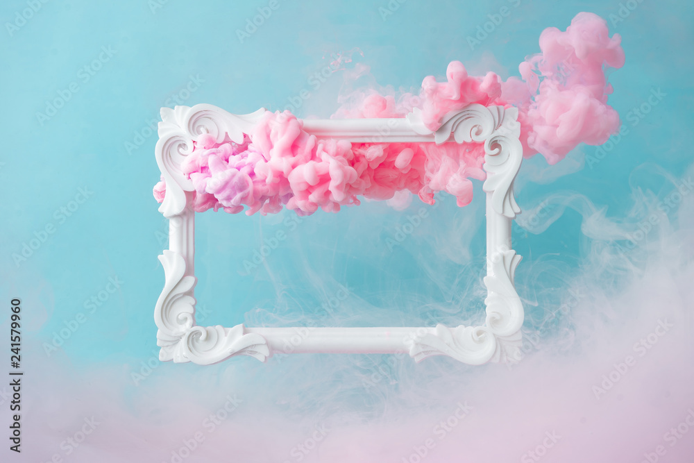 White vintage frame on pastel blue background with abstract pink cloud  shapes. Minimal border composition. Stock Photo | Adobe Stock