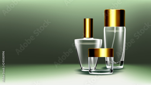 Cosmetic Glass Product Vector. Fragrance, Collagen. Spa, Makeup. Bottle. Jar. 3D Isolated Transparent Realistic Mockup Template Illustration