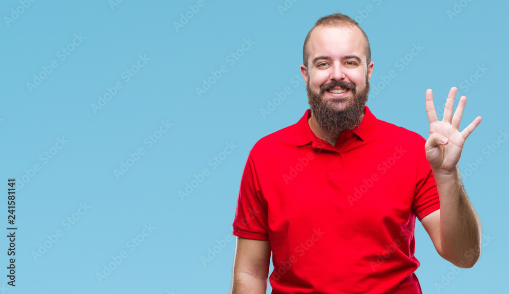 Young caucasian hipster man wearing red shirt over isolated background showing and pointing up with fingers number four while smiling confident and happy. Young caucasian hipster man wearing red shirt over isolated background showing and pointing up with fingers number four while smiling confident and happy.