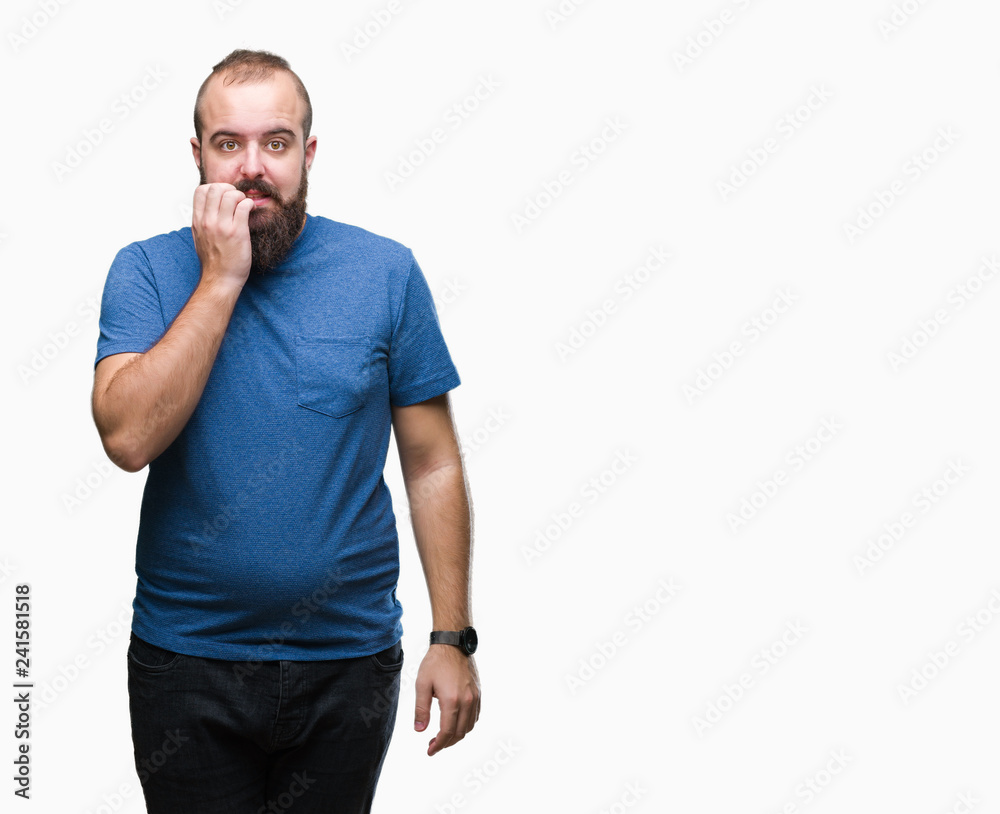 Young caucasian hipster man over isolated background looking stressed and nervous with hands on mouth biting nails. Anxiety problem. Young caucasian hipster man over isolated background looking stressed and nervous with hands on mouth biting nails. Anxiety problem.