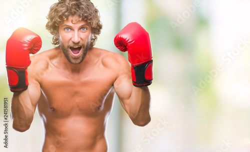 Handsome hispanic boxer man wearing boxing gloves over isolated background very happy and excited, winner expression celebrating victory screaming with big smile and raised hands