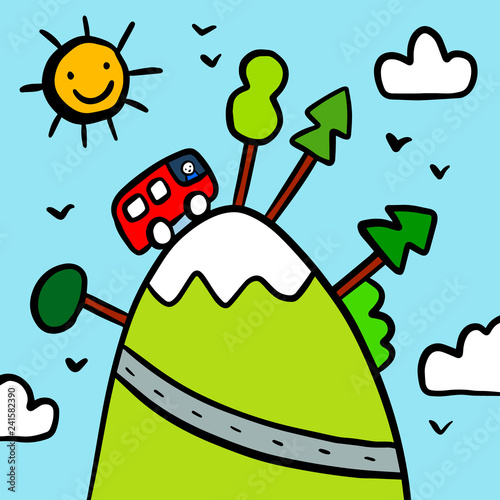 Camping hand drawn illustration with colorful landscape