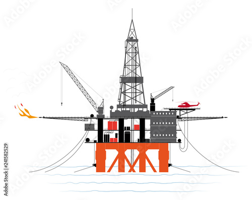 Drilling platform for oil or gas production from the ocean floor. Contour with traced details.