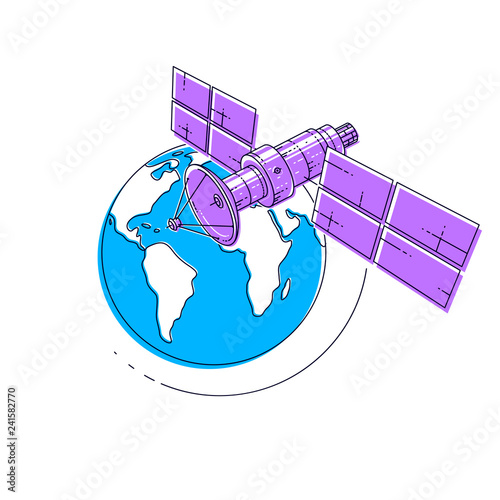 Communication satellite flying orbital spaceflight around earth, spacecraft space station with solar panels and satellite antenna plate. Thin line 3d vector illustration.