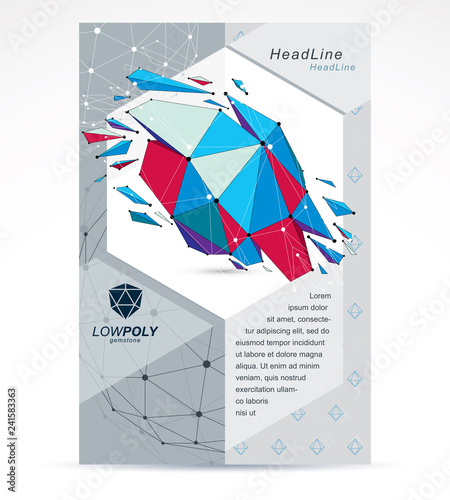 Communication technologies business corporative flyer template. Graphic vector illustration. Abstract bright demolished geometric form, 3d shape with splinters and refractions.