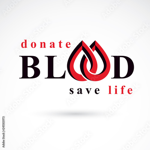 Blood donation inscription isolated on white. Vector red blood drops. The 14 June, world blood donor day. Medical theme graphic symbol.
