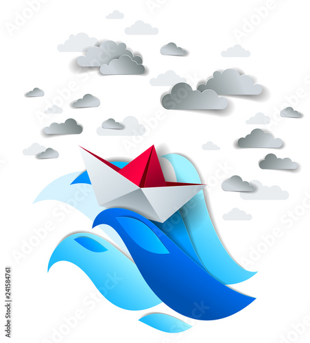 Paper ship swimming in big sea waves, origami folded toy boat fights for survival in the ocean in stormy weather and tsunami waves, vector illustration.