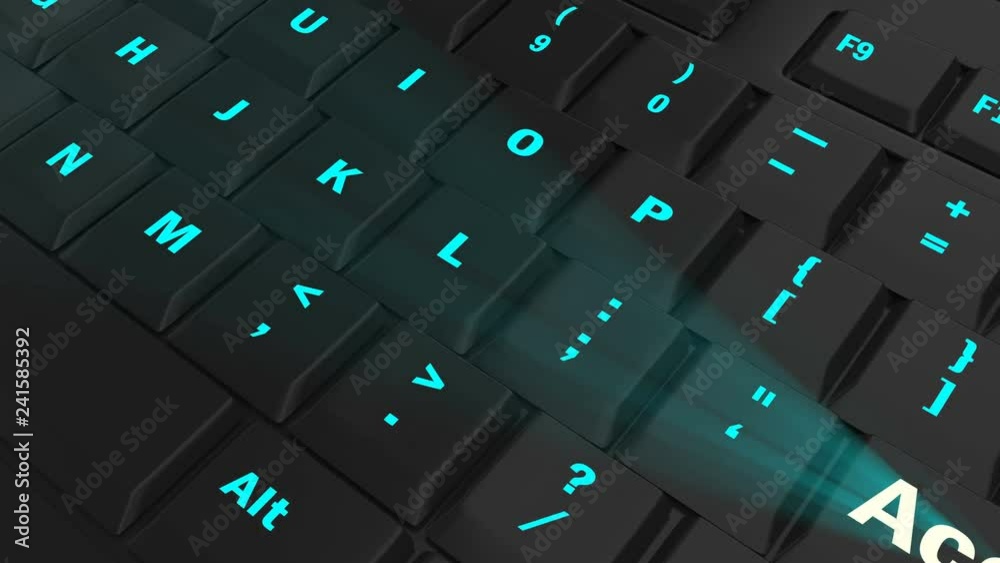 pointing the camera on blue glowing Accept key on black computer keyboard pointing the camera on blue glowing Accept key on black computer keyboard