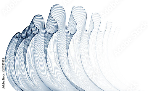 Vector abstract background with wave of flowing particles, smooth curve shape lines, transparent tulle textile on wind. 3d shape dots magic blended mesh.
